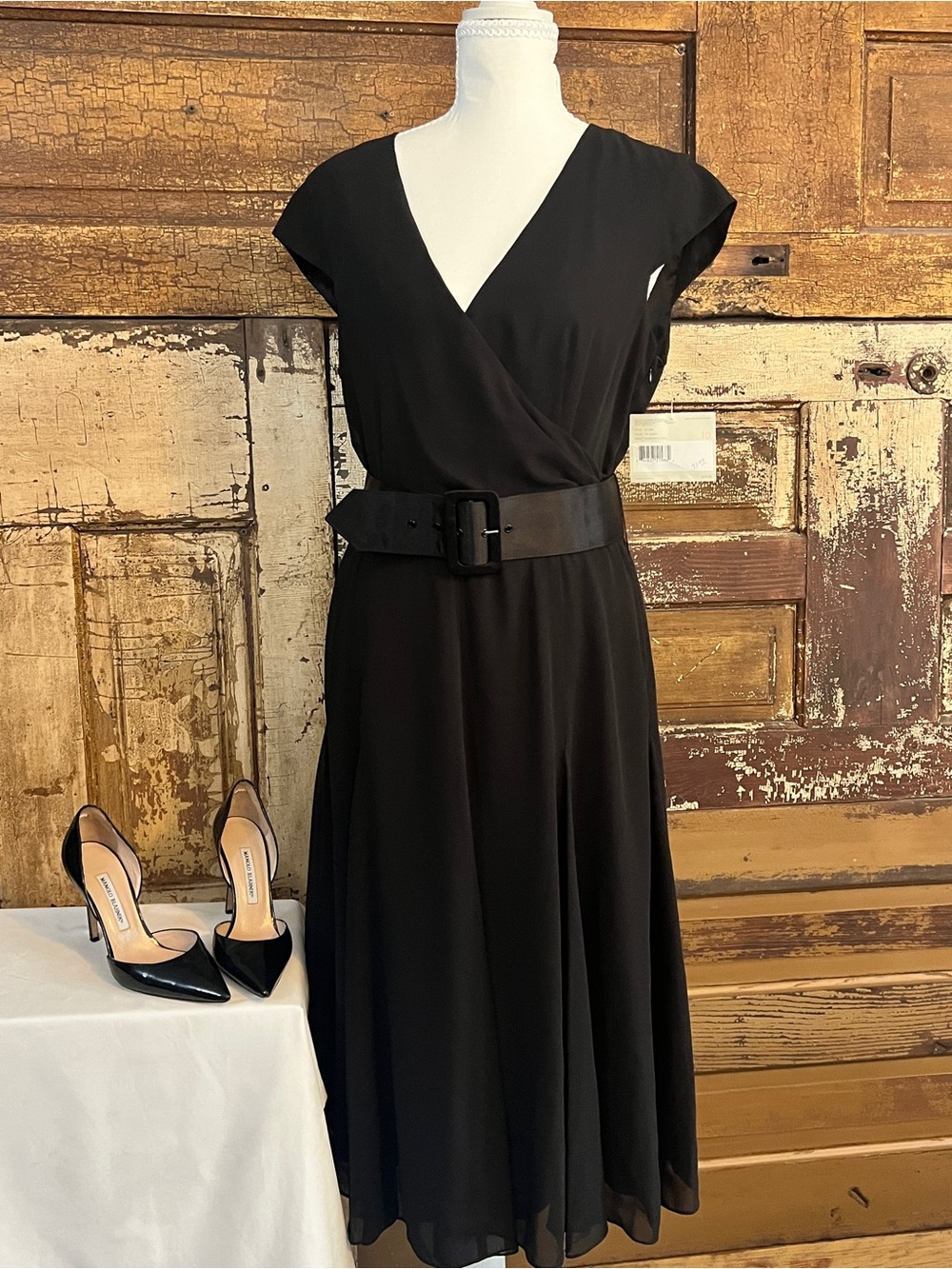 Liz Claiborne | NWT Black Fit & Flare Midi Dress | Belted V-Neck Cocktail Dress